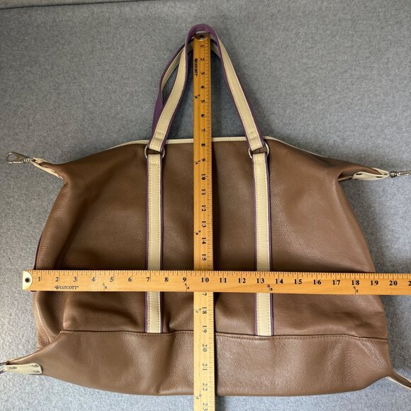 Levenger Taupe Brown Cream Purple Overnight Travel Bag Shoulder Duffel Weekend - Picture 13 of 16